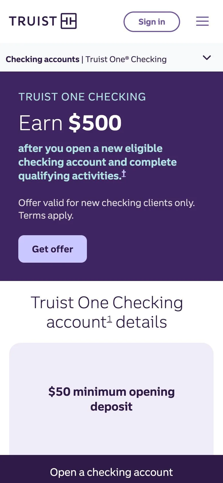 Truist One Checking product page on mobile: the $500 promotion leads, eligibility for new checking clients is stated up front, and a persistent Open a checking account bar sits at the bottom of the screen.