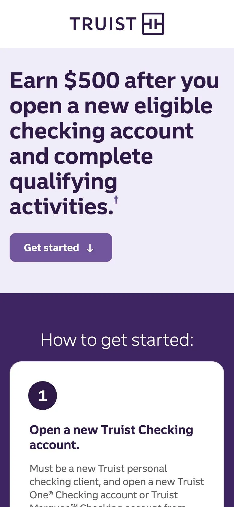 Mobile landing page for the $500 checking offer: the offer and its one condition as the headline, a Get started button above the fold, and a three-step How to get started section.