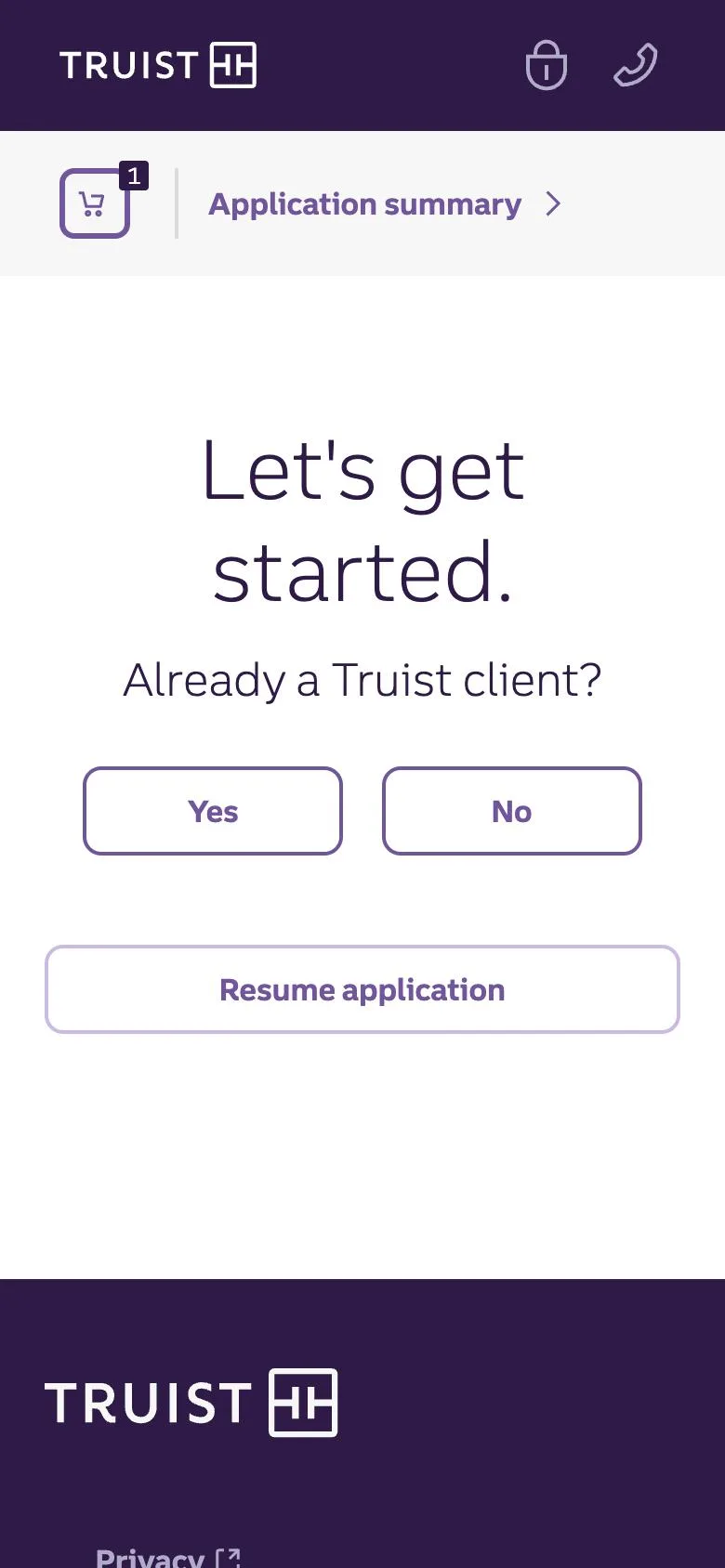 Let’s get started screen asking Already a Truist client? with Yes and No buttons and a Resume application link.