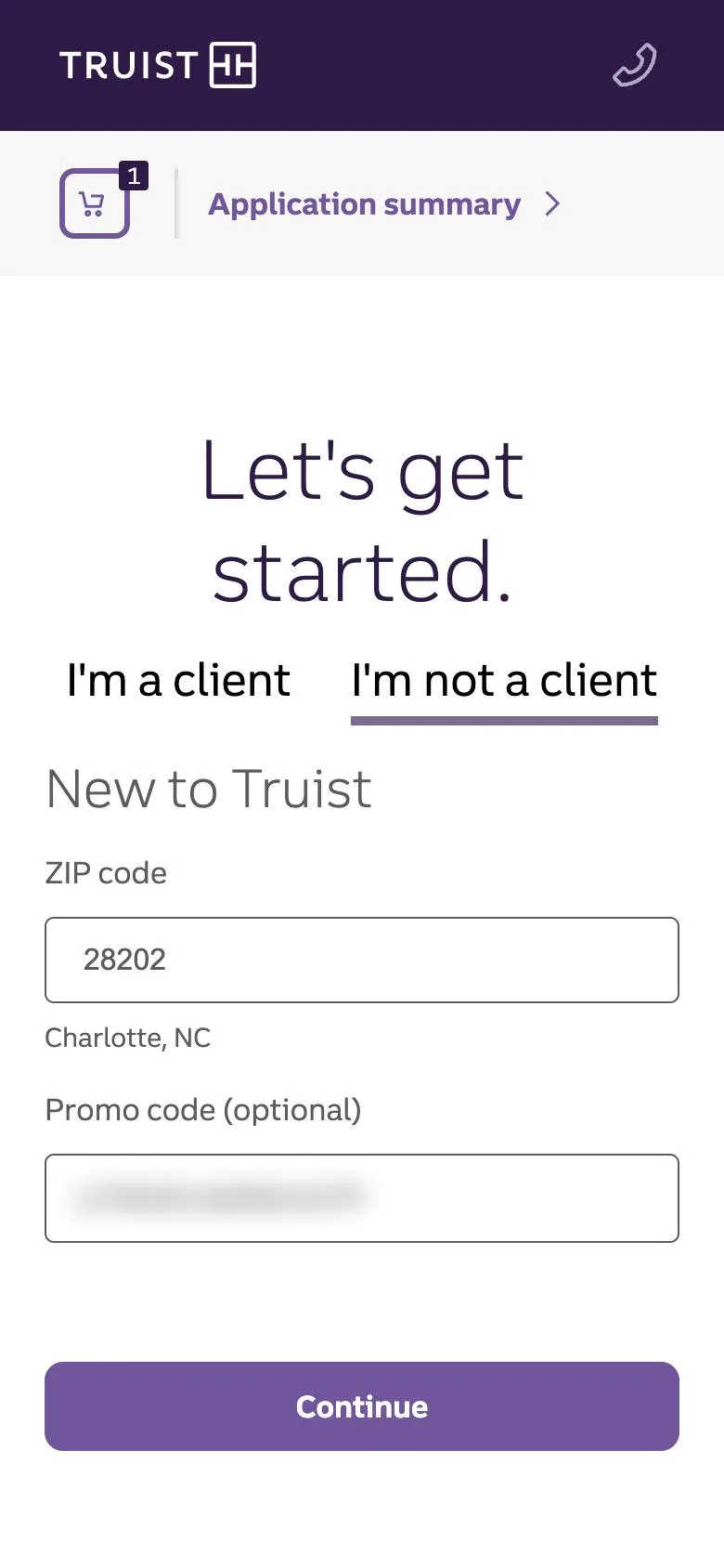 New to Truist step with ZIP code and optional promo code fields.
