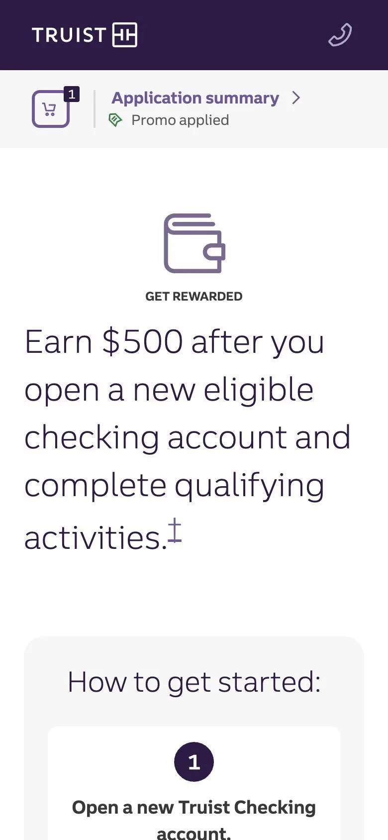 Application step confirming the $500 offer, with Promo applied shown in the application summary.