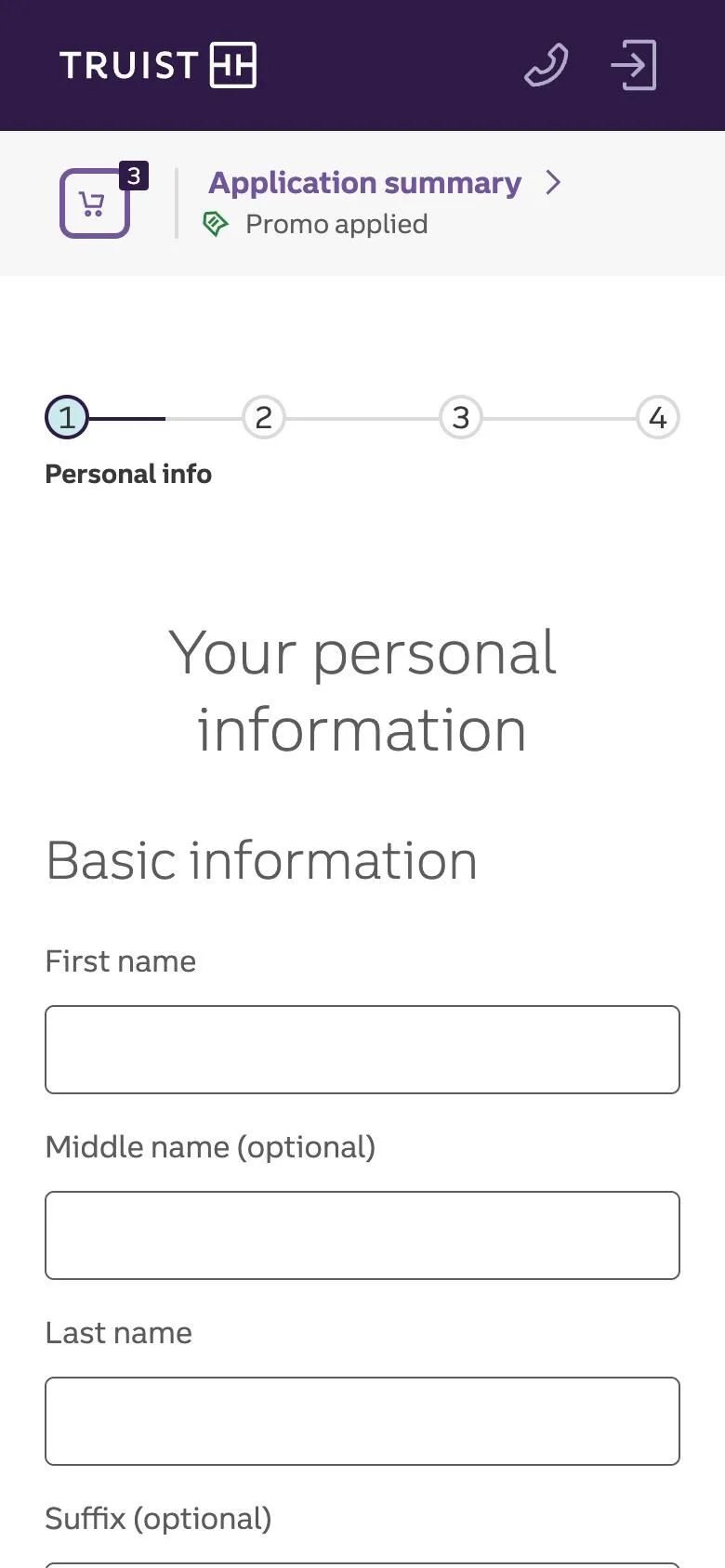 Your personal information step with a four-step progress indicator, the application summary and applied promo at the top, and first, middle (optional) and last name fields.