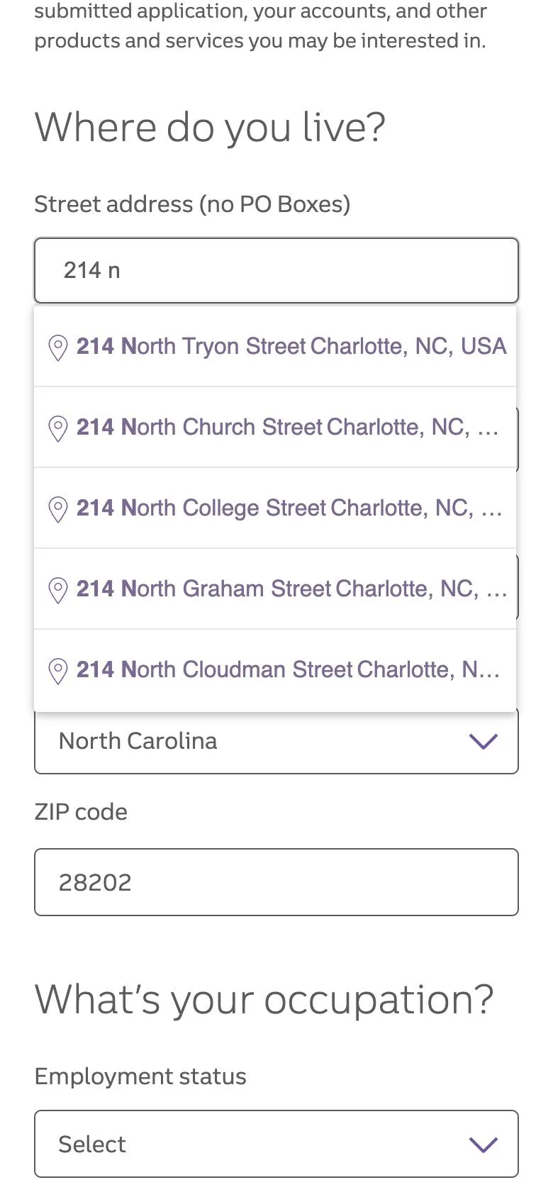 Where do you live? section of the personal information step: typing 214 n into the street address field opens a list of five matching Charlotte addresses to pick from; state and ZIP code are already filled.