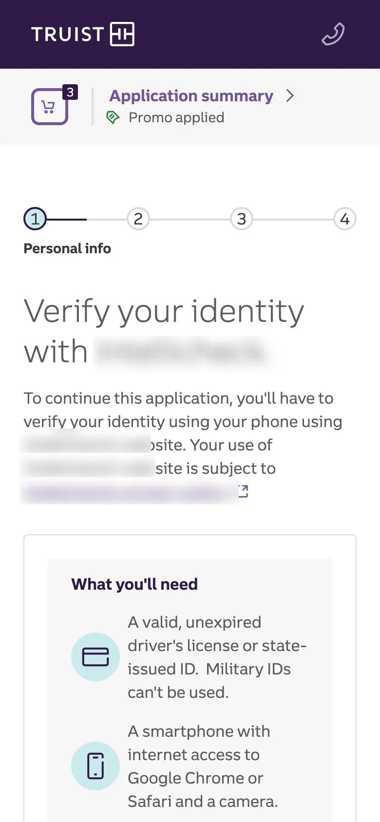 Verify your identity screen listing what you’ll need: a valid unexpired driver’s license or state-issued ID, and a smartphone with a camera.