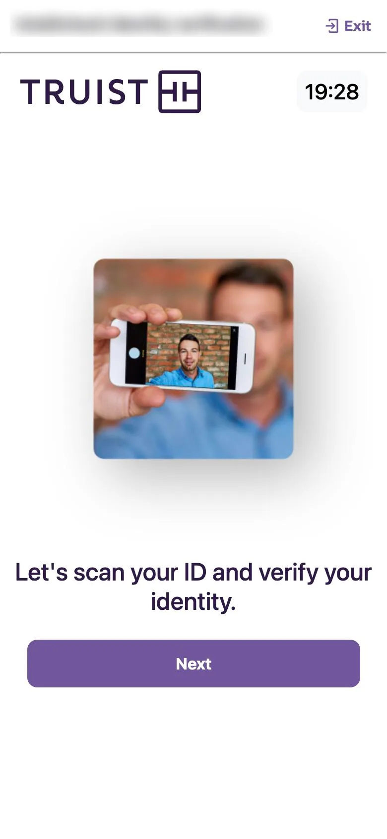 Identity verification screen with a countdown timer, a photo of a person holding up a phone, and a single Next button under Let’s scan your ID and verify your identity.