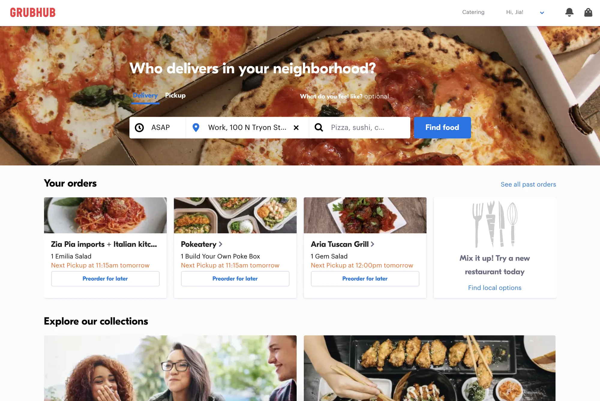 Grubhub diner homepage, signed in: a search bar with delivery or pickup, a saved work address and a cuisine field over a pizza hero; below it, Your orders with three recent restaurants and Preorder for later buttons.