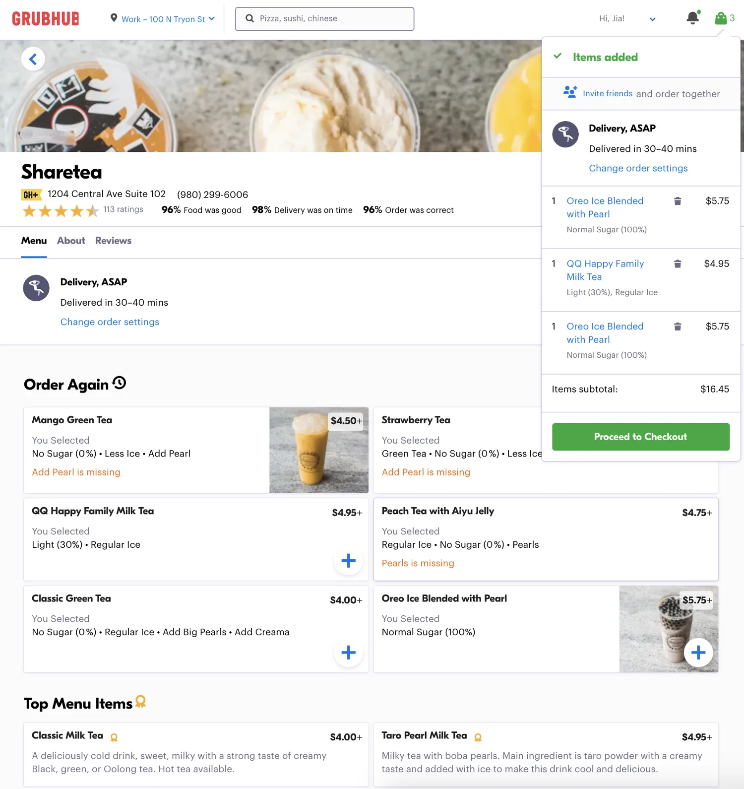 A Grubhub restaurant page for Sharetea with an Order Again section listing past drinks and their customizations, a note where an add-on is missing, and a cart panel with Invite friends and order together.