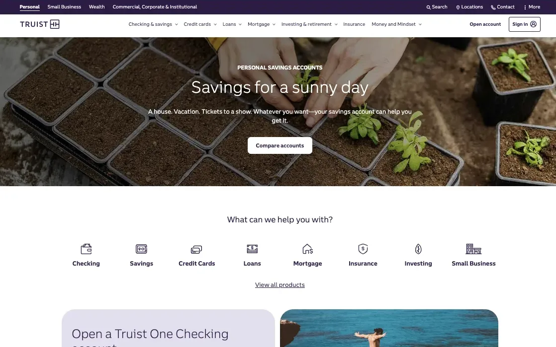 truist.com homepage in 2022: a lifestyle photo hero with brand messaging, and a small outlined Sign in button in the top-right of the header.