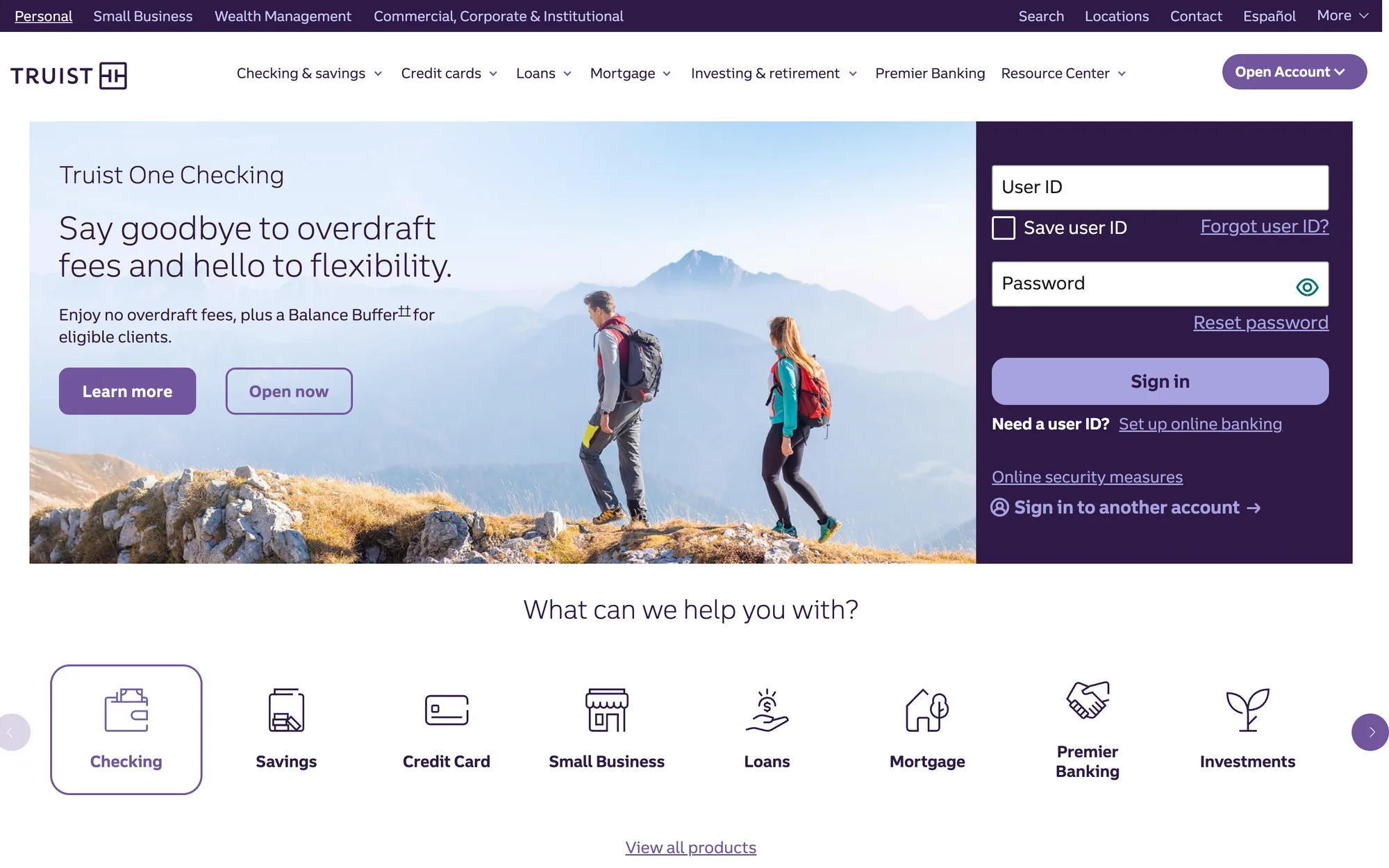 truist.com homepage in 2024: a User ID and password sign-in module is exposed directly in the hero, next to the lifestyle image.
